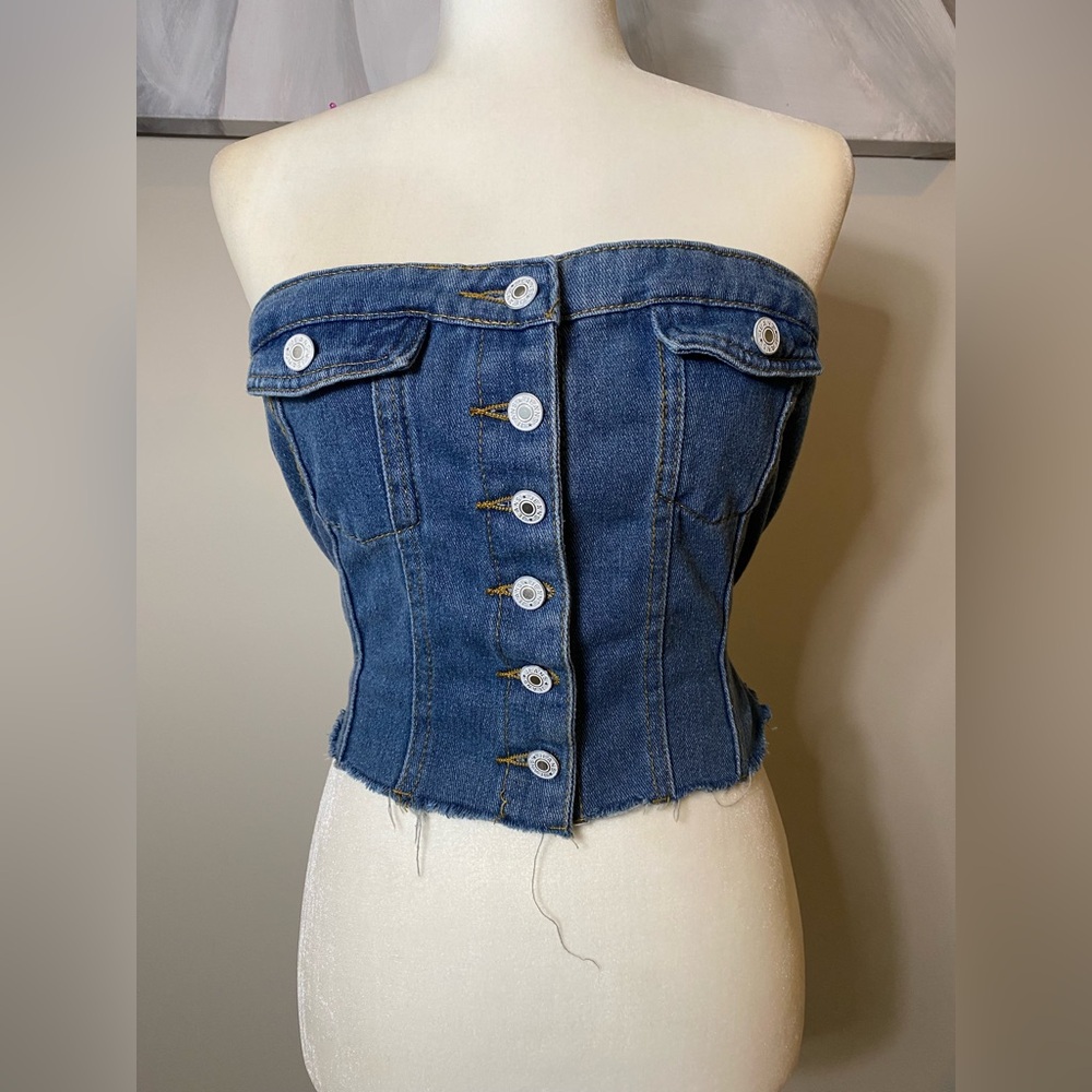 Denim Strapless Button-Up Top